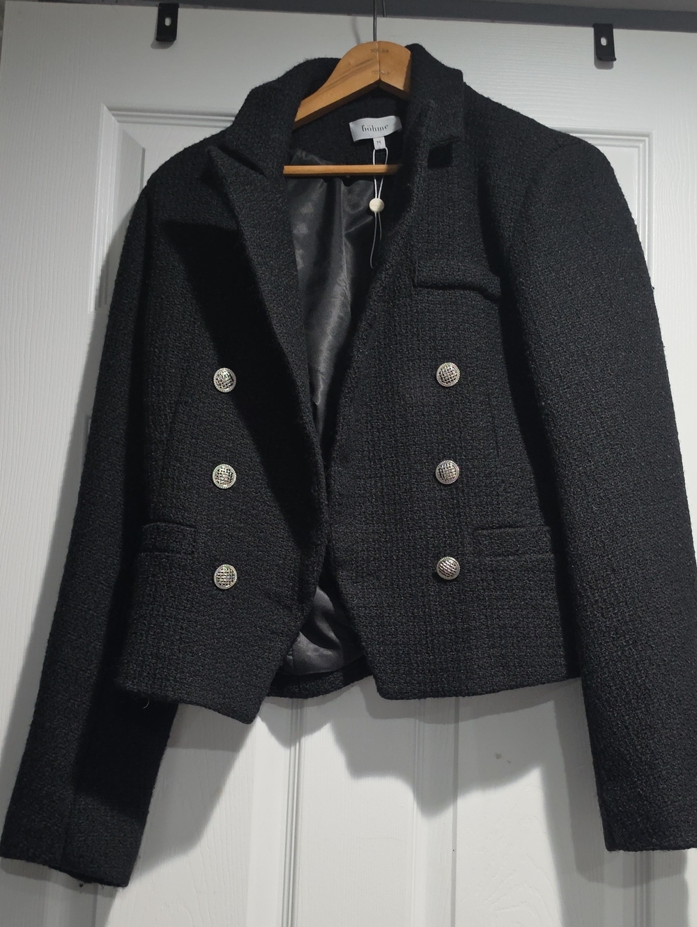 bohme Black Bouclé Double-Breasted Blazer with Silver Buttons